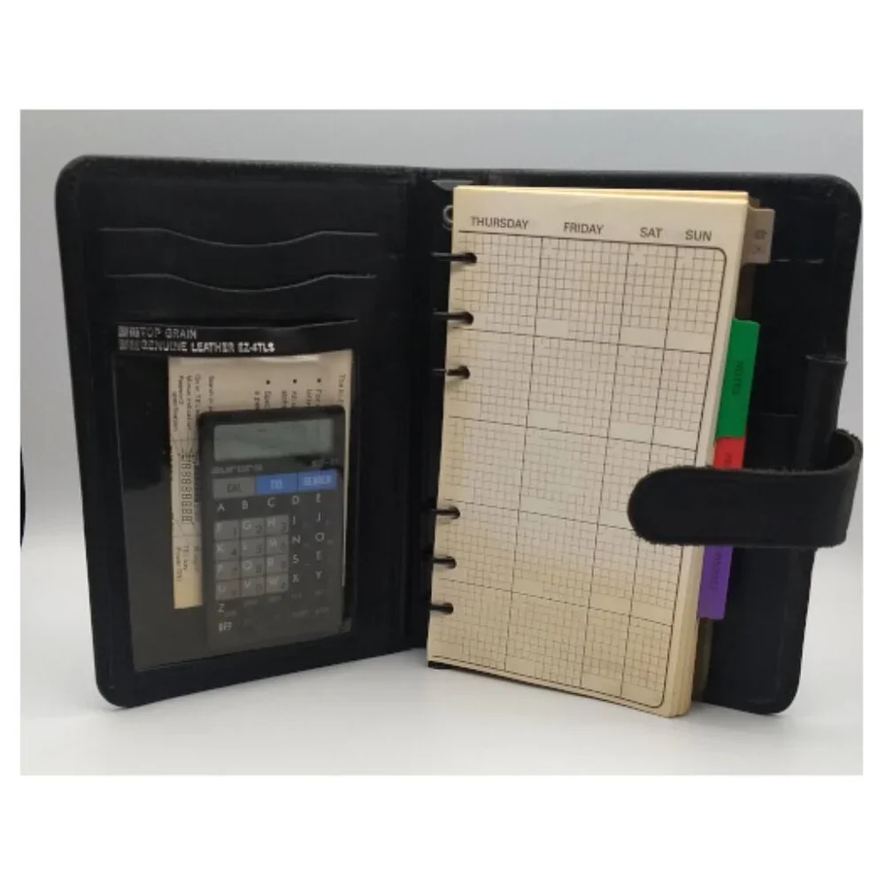Vintage Black Leather Organizer with Contact DB-Calculator